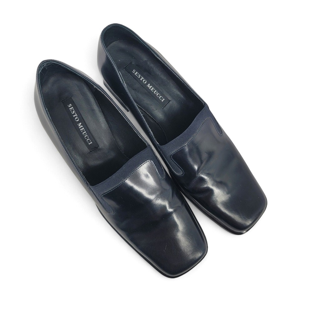 Sesto Meucci Navy Leather Block Heel Loafers 8M‎ Italy Square Toe Shoes EUC - Picture 2 of 6